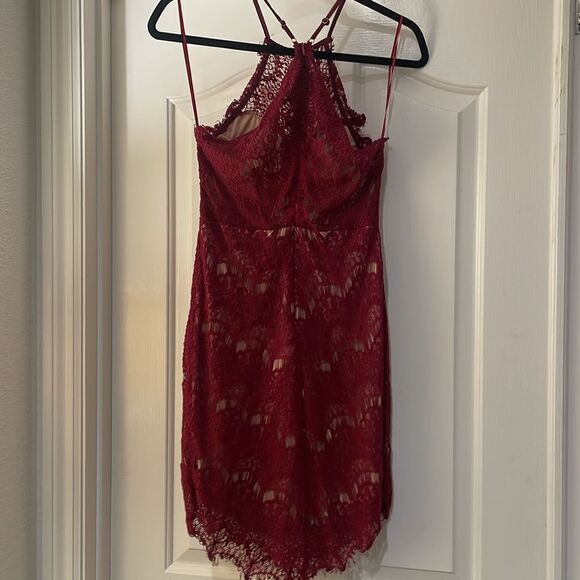 A. Peach red lace overlay high neck mini dress | size L - Picture 5 of 10